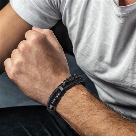 Mens Double-Row Braided Leather Bracelet Bangle Wristband Stainless Steel Gift - Picture 3 of 6